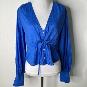 Frame Women's Blue 100% Cotton V-Neck Button Down Long Sleeve Blouse Size XS